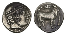 Thrace, Ainos. AR Diobol, 1.13 g 11.47 mm. Circa 429-427/6 BC.
Obv: Head of Hermes right, wearing petasos.
Rev: AIN, Goat standing right; club to righ...