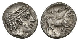 Thrace, Ainos. AR Diobol, 1.14 g 11.34 mm. Circa 408-406 BC.
Obv: Head of Hermes right wearing petasos.
Rev: AINI,Goat standing right; crab below rais...
