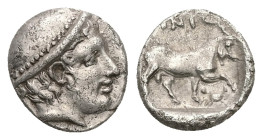 Thrace, Ainos. AR Diobol, 1.18 g 11.45 mm. Circa 408-406 BC.
Obv: Head of Hermes right wearing petasos.
Rev: AINI,Goat standing right; crab below rais...