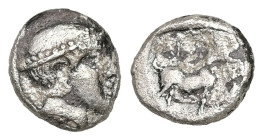 Thrace, Ainos. AR Diobol, 1.06 g 10.80 mm. Circa 408-406 BC.
Obv: Head of Hermes right wearing petasos.
Rev: AINI,Goat standing right; crab? below rai...
