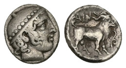 Thrace, Ainos. AR Diobol. 1.19 g 10.71 mm. Circa 427/6-425/4 BC. 
Obv: Head of Hermes right, wearing petasos.
Rev: AIN, Goat standing right; tendril t...