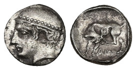Thrace, Ainos. AR Diobol, 1.22 g 11.42 mm. Circa 421/0-419/8 BC.
Obv: Head of Hermes to left, wearing petasos.
Rev: AINI, Goat standing left, scratchi...