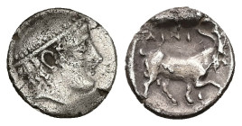 Thrace, Ainos. AR Diobol, 1.27 g 12.03 mm. Circa 408-406 BC.
Obv: Head of Hermes right wearing petasos.
Rev: AINI,Goat standing right; crab below rais...