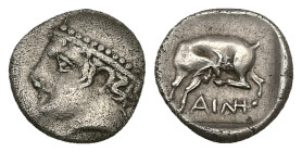 Thrace, Ainos. AR Diobol, 1.22 g 11.38 mm. Circa 421/0-419/8 BC.
Obv: Head of Hermes to left, wearing petasos.
Rev: AINI, Goat standing left, scratchi...