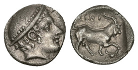 Thrace, Ainos. AR Diobol, 1.22 g 12.40 mm. Circa 408-406 BC.
Obv: Head of Hermes right wearing petasos.
Rev: AINI,Goat standing right; crab below rais...