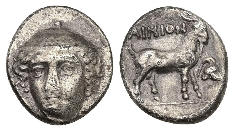 Thrace, Ainos. AR Tetrobol, 2.53 g 14.86 mm. Circa 402/1-361/0 BC.
Obv: Head of ...