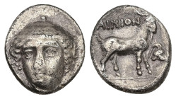 Thrace, Ainos. AR Tetrobol, 2.53 g 14.86 mm. Circa 402/1-361/0 BC.
Obv: Head of Hermes facing slightly left, wearing petasos.
Rev: AINION. Goat standi...