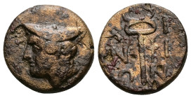 Thrace, Ainos. AE, 7.56 g 20.67 mm. Late fourth-early third century BC.
Obv: Head of Hermes left, wearing broad petasos.
Rev. A-I/N-I/Ω-Ν; Caduceus; s...