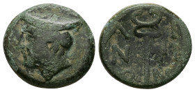 Thrace, Ainos. Ae, 9.03 g 22.19 mm. Late fourth-early third century BC.
Obv: Head of Hermes left, wearing broad petasos.
Rev. A-I/N-I/Ω-Ν; Caduceus; s...