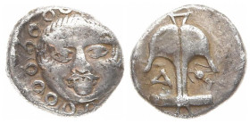 Thrace, Apollonia Pontika. AR Drachm, 3.18 g 14.21 mm. Circa 470-435 BC.
Obv: Facing gorgoneion.
Rev: Upright anchor; crayfish to right, A to left.
Re...