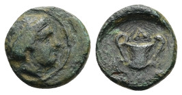 Thrace, Alopeconnesos, Ae, 2.23 g 14.06 mm. Late fourth century BC.
Obv: Head of Dionysos right.
Rev.: Α-Λ-Ω; Kantharos, symbol unseen.
Ref.: HGC 3.2,...