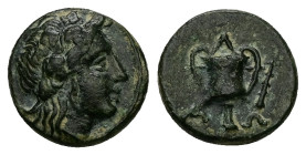 Thrace, Alopeconnesos. Ae, 2.28 g 13.46 mm. Late fourth century BC.
Obv: Head of Dionysos right.
Rev.: Α-Λ-Ω; Kantharos, club to right.
Ref.: HGC 3.2,...