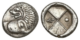 Thrace, Chersonesos. AR Hemidrachm, 2.19 g 13.94 mm. Circa 386-338 BC.
Obv: Forepart of lion right, head left.
Rev: Quadripartite incuse square with a...