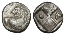 Thrace, Chersonesos. AR Hemidrachm, 2.39 g 13.33 mm. Circa 386-338 BC.
Obv: Forepart of lion right, head left.
Rev: Quadripartite incuse square with a...