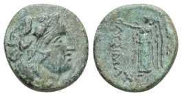 Thrace, Lysimacheia. Ae, 4.04 g 18.02 mm. Circa 309-220 BC.
Obv: Head of Herakles in lion skin headdress right.
Rev. ΛΥΣΙΜΑΧΕΩΝ; Nike standing left, h...
