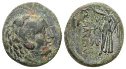 Thrace, Lysimacheia. Ae, 12.27 g 23.68 mm. Circa 309-220 BC.
Obv: Head of Herakles in lion skin headdress right.
Rev. ΛΥΣΙΜΑΧΕΩΝ; Nike standin left, h...
