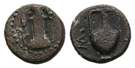 Thrace, Sestos. AE, 1.87 g 11.56 mm. Second half of the 2nd century BC.
Obv: Herm facing; grain ear to left, caduceus to right. Dotted border.
Rev.: Σ...