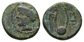Thrace, Sestos. AE, 3.73 g - 16.08 mm. Late 2nd century BC.
Obv: Head of Hermes left, wearing petasos.
Rev: Tortoise shell lyre; ΣH to right, monogram...