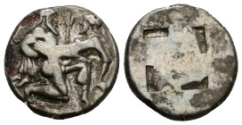 Thrace, Thasos. Fourrèe AR Stater, 7.12 g 20.54 mm. Circa 480-463 BC.
Obv: Ithyphallic satyr advancing right, carrying off protesting nymph.
Rev: Quad...