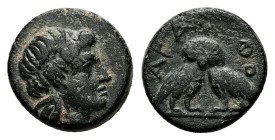 Kings of Thrace, Macedonian. Agathokles, son of Lysimachos. Ae, 2.14 g 12.45 mm. Circa 290s-283/2 BC. Agathokleia (Adramyteion) mint. 
Obv: Laureate h...