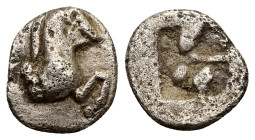 Thraco-Macedonian Region, Uncertain mint. AR Hemiobol, 0.29 g 7.48 mm. 5th century BC. 
Obv:Forepart of horse advancing to right. 
Rev: Quadripartite ...
