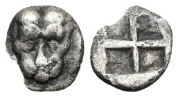 Cimmerian Bosporos, Pantikapaion. AR Obol, 0.48 g 8.31 mm. Circa 480-470 BC.
Obv: Facing head of lion.
Rev: Quadripartite incuse square.
Ref: MacDonal...