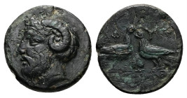 Macedon, Aphytis. Ae, 3.26 g 16.23 mm. After circa 146 BC.
Obv: Head of Zeus Ammon decorated with horn, left.
Rev: Two eagles face to face and betwe...