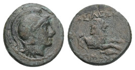 Kings of Thrace, Lysimachos, Ae, 2.34 g 14.92 mm. Circa 306-281 BC.
Obv: Head of Athena right in Attica helmet. Dotted border.
Rev.: [Β]ΑΣΙΛΕΩ[Σ ΛΥ]ΣΙ...