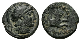 Kings of Thrace, Lysimachos, Ae, 2.38 g 14.52 mm. Circa 306-281 BC.
Obv: Head of Athena right in Attica helmet.
Rev.: ΒΑΣΙΛΕΩΣ [ΛΥΣ]ΙΜΑΧΟΥ; Protome of...