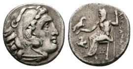Kings of Macedon, Alexander III 'the Great'. AR Drachm, 4.16 g 17.23 mm. 336-323 BC. Lampsakos.
Obv: Head of Herakles right, wearing lion skin.
Rev: A...