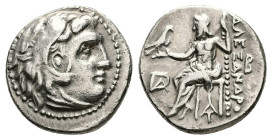 Kings of Macedon, Alexander III "the Great", AR Drachm, 4.04 g 17.31 mm. 336-323 BC. Kolophon.
Obv: Head of Herakles right, wearing lion skin.
Rev:ΑΛΕ...