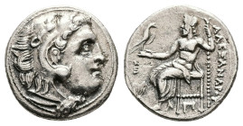 Kings of Macedon, Alexander III 'the Great'. AR Drachm, 4.22 g 17.64 mm.336-323 BC. Kolophon.
Obv: Head of Herakles right, wearing lion skin.
Rev: AΛE...