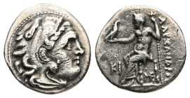 Kings of Macedon, Alexander III 'the Great'. AR Drachm, 3.92 g 18.32 mm. 336-323 BC. Lampsakos.
Obv: Head of Herakles right, wearing lion skin.
Rev: A...