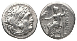 Kings of Macedon, Alexander III 'the Great'. AR Drachm, 3.94 g 17.86 mm. 336-323 BC. Lampsakos.
Obv: Head of Herakles right, wearing lion skin.
Rev: A...