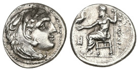 Kings of Macedon, Alexander III 'the Great', AR Drachm, 4.18 g 17.57 mm. 336-323 BC. Miletos.
Obv: Head of Herakles right, wearing lion skin.
Rev: AΛE...