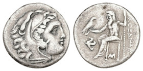 Kings of Macedon, Alexander III 'the Great', AR Drachm, 3.96 g 18.02 mm. 336-323 BC. Lampsakos.
Obv: Head of Herakles right, wearing lion skin.
Rev: A...