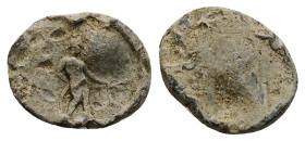 PB Roman provincial lead tessera (AD 1st-3rd centuries)
Obv: Standing figure, r., holding branch.
Rev: Blank.
Weight: 2.70 g.
Diameter: 15.46 mm.