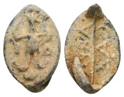 PB Asia Minor. Lead gnostic ring bezel (c. AD 2nd-4th centuries)
Obv: IAⲰ. Abrasax facing, with the head of a rooster and snakes for legs, holding a w...