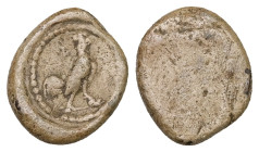 PB Roman provincial tessera (AD 1st-3rd centuries)
Obv: Rooster standing, r.; above uncertain object (palm?). Border of dots.
Rev: Blank.
Cf. Aquila 1...