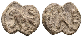 PB Byzantine seal of Eugenios (AD 6th century)
Obv: A lion walking, l. Wreath border.
Rev: Block monogram: γ, ε, ι, ν, ο, υ: Εὐγενίου. Wreath border.
...