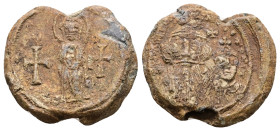 PB Byzantine seal of Constans II and Constantine IV (654-659)
Obv: The Mother of God standing, wearing a chiton and maphorion, and holding Christ befo...