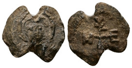 PB Byzantine seal of Megalos (AD 6th-7th centuries)
Obv: Bust of the Virgin, nimbate, facing, between two crosses, with her hands raised in front of h...