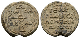 PB Byzantine seal of George imperial silentiarios and ek prosopou (AD 8th century)
Obv: Cruciform invocative monogram: Θεοτόκε βοήθει. In the quarters...