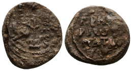 PB Byzantine seal of Gregory hypatos (AD 9th century)
Obv: Cruciform invocative monogram (type V): Θεοτόκε βοήθει; in the quarters: τῷ σῷ δούλῳ. Wreat...