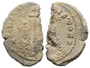 PB Byzantine seal of Constantine VII and Zoe (914-919)
Obv: Half-length representation of Christ, lightly bearded, wearing a tunic and himation. He r...