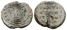 PB Byzantine seal of Constantine Bourtzes, patrikios (AD 10th-11th centuries)
Obv: Patriarchal cross (an Χ at the lower crossbar) mounted on three ste...