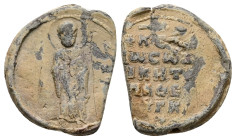 PB Byzantine seal of Niketas, protospatharios epi tou Chrysotriklinou (1030-1060)
Obv: St Nicholas standing, holding the book in his left hand and off...