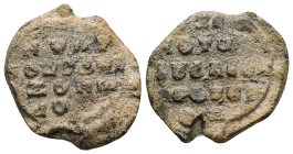PB Byzantine lead seal (AD 10th-11th centuries)
Obv: Inscription of at least four lines.
Rev: Inscription of five lines.
Weight: 10.42 g.
Diameter: 26...