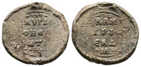 PB Byzantine lead seal of Phoitos hebdomarios (AD 10th-11th centuries)
Obv: Inscription of three lines: Κύριε βοήθει Φωτί(ῳ). Decorations above and be...