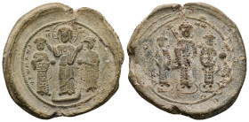 PB Byzantine seal of Romanos IV, Eudokia, Michael VII, Constantine, and Andronikos (1068–1071)
Obv: Three figures: in center, Christ bearded wearing ...